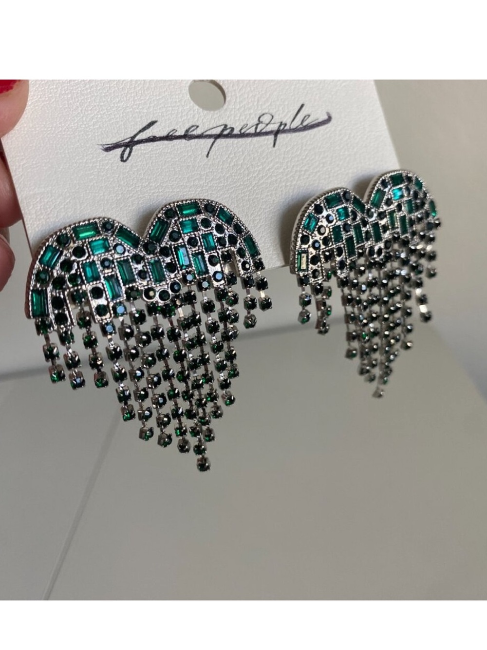 Free People Silver Heart Fringe Earrings with Emerald Accents